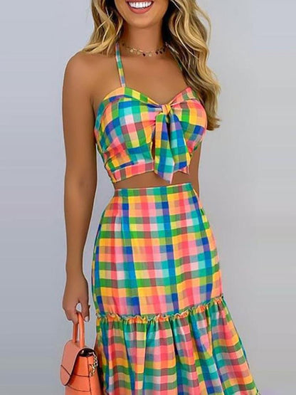 Plaid Print Spaghetti Strap Top & Ruffles Hem Skirt Set - Two-piece Outfits - INS | Online Fashion Free Shipping Clothing, Dresses, Tops, Shoes - 28/04/2021 - Category_Two-piece Outfits - Color_Multicolor