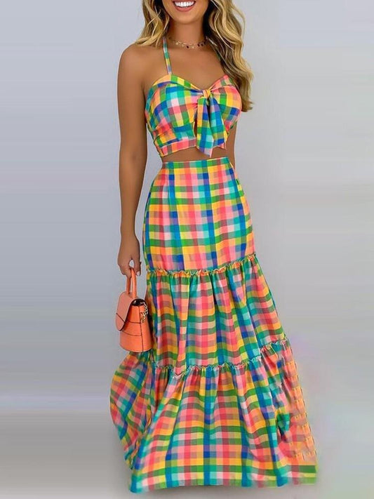 Plaid Print Spaghetti Strap Top & Ruffles Hem Skirt Set - Two-piece Outfits - INS | Online Fashion Free Shipping Clothing, Dresses, Tops, Shoes - 28/04/2021 - Category_Two-piece Outfits - Color_Multicolor