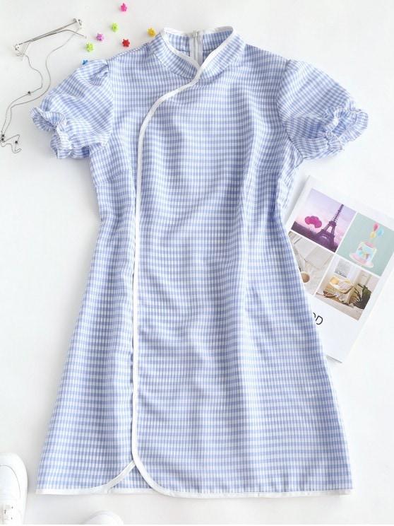 Plaid Puff Sleeve Oriental Cheongsam Dress - INS | Online Fashion Free Shipping Clothing, Dresses, Tops, Shoes