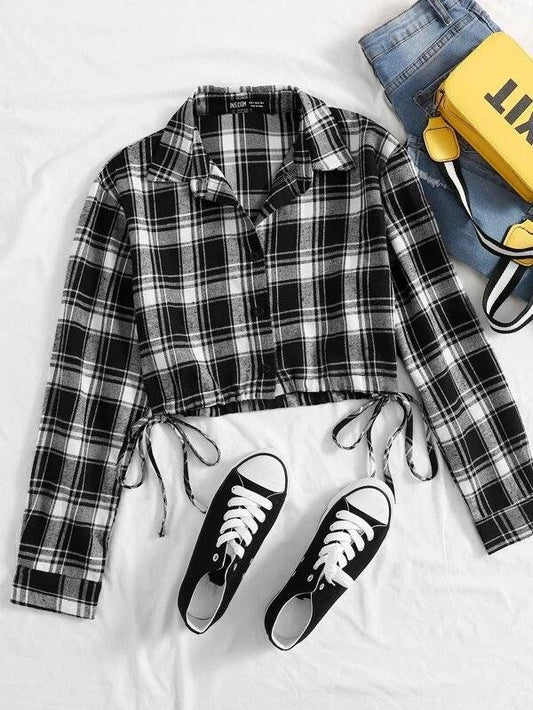 Plaid Ruched Drawstring Crop Top - INS | Online Fashion Free Shipping Clothing, Dresses, Tops, Shoes