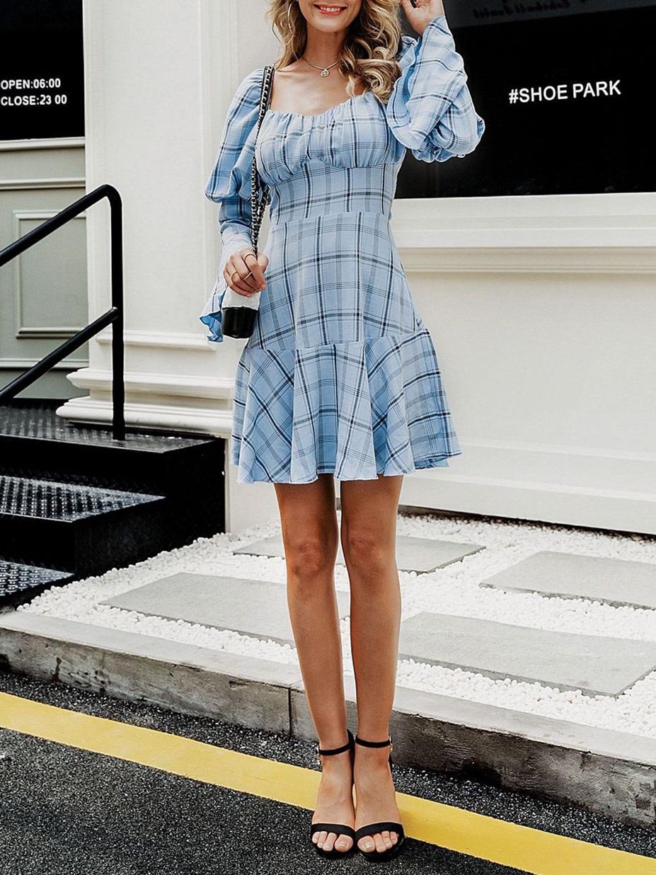 Plaid Ruffle Hem Puff Sleeve Milkmaid Dress - Dresses - INS | Online Fashion Free Shipping Clothing, Dresses, Tops, Shoes - 02/04/2021 - Blue - Color_Blue