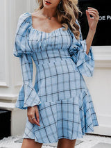 Plaid Ruffle Hem Puff Sleeve Milkmaid Dress - Dresses - INS | Online Fashion Free Shipping Clothing, Dresses, Tops, Shoes - 02/04/2021 - Blue - Color_Blue