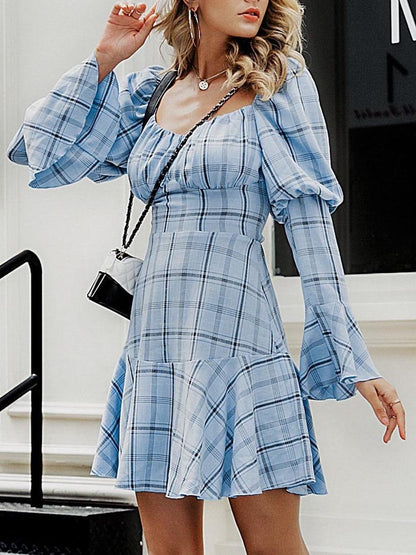 Plaid Ruffle Hem Puff Sleeve Milkmaid Dress - Dresses - INS | Online Fashion Free Shipping Clothing, Dresses, Tops, Shoes - 02/04/2021 - Blue - Color_Blue