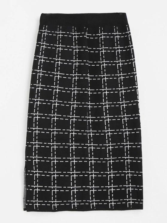 Plaid Side Slit Knitted Skirt - INS | Online Fashion Free Shipping Clothing, Dresses, Tops, Shoes