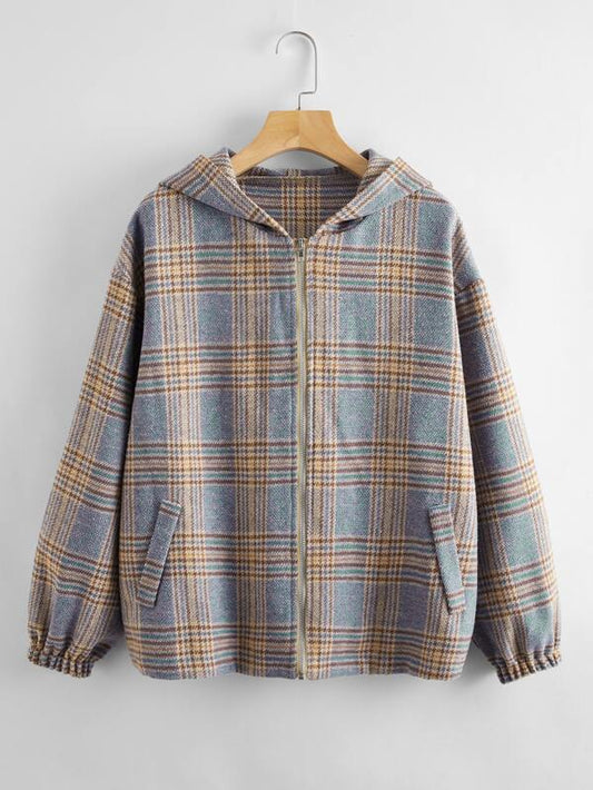 Plaid Zip Up Hooded Jacket - INS | Online Fashion Free Shipping Clothing, Dresses, Tops, Shoes