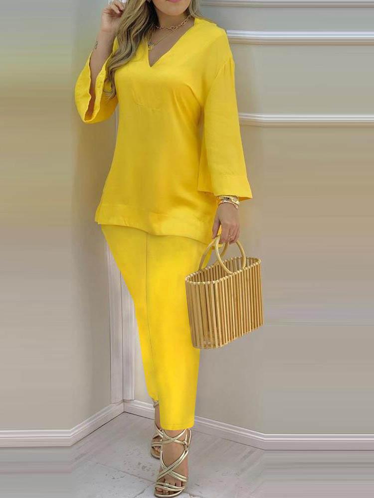Plain Bell Sleeve V-Neck Top & Pants Set - Two-piece Outfits - INS | Online Fashion Free Shipping Clothing, Dresses, Tops, Shoes - 04/05/2021 - Color_Yellow - SET210504059