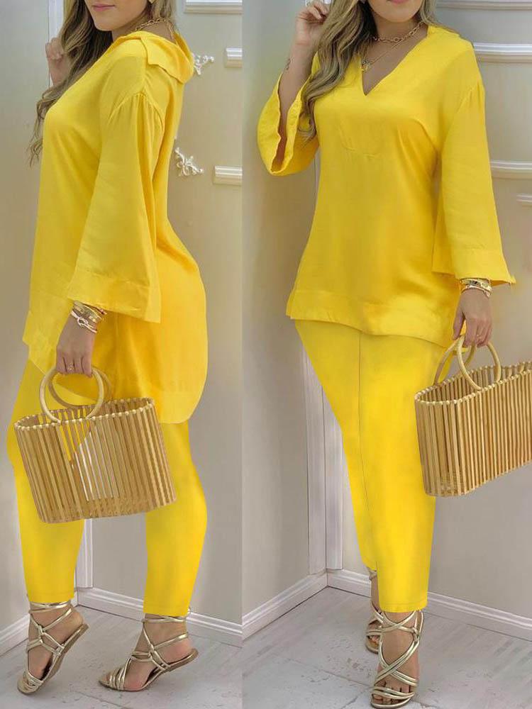 Plain Bell Sleeve V-Neck Top & Pants Set - Two-piece Outfits - INS | Online Fashion Free Shipping Clothing, Dresses, Tops, Shoes - 04/05/2021 - Color_Yellow - SET210504059