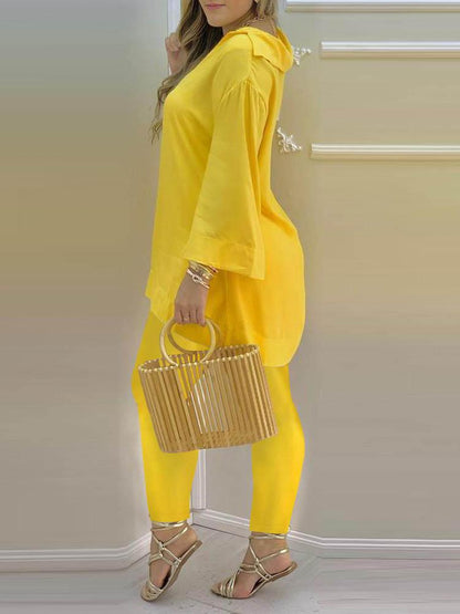 Plain Bell Sleeve V-Neck Top & Pants Set - Two-piece Outfits - INS | Online Fashion Free Shipping Clothing, Dresses, Tops, Shoes - 04/05/2021 - Color_Yellow - SET210504059