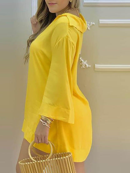 Plain Bell Sleeve V-Neck Top & Shorts Set - Two-piece Outfits - INS | Online Fashion Free Shipping Clothing, Dresses, Tops, Shoes - 04/05/2021 - Color_Yellow - SET210504058