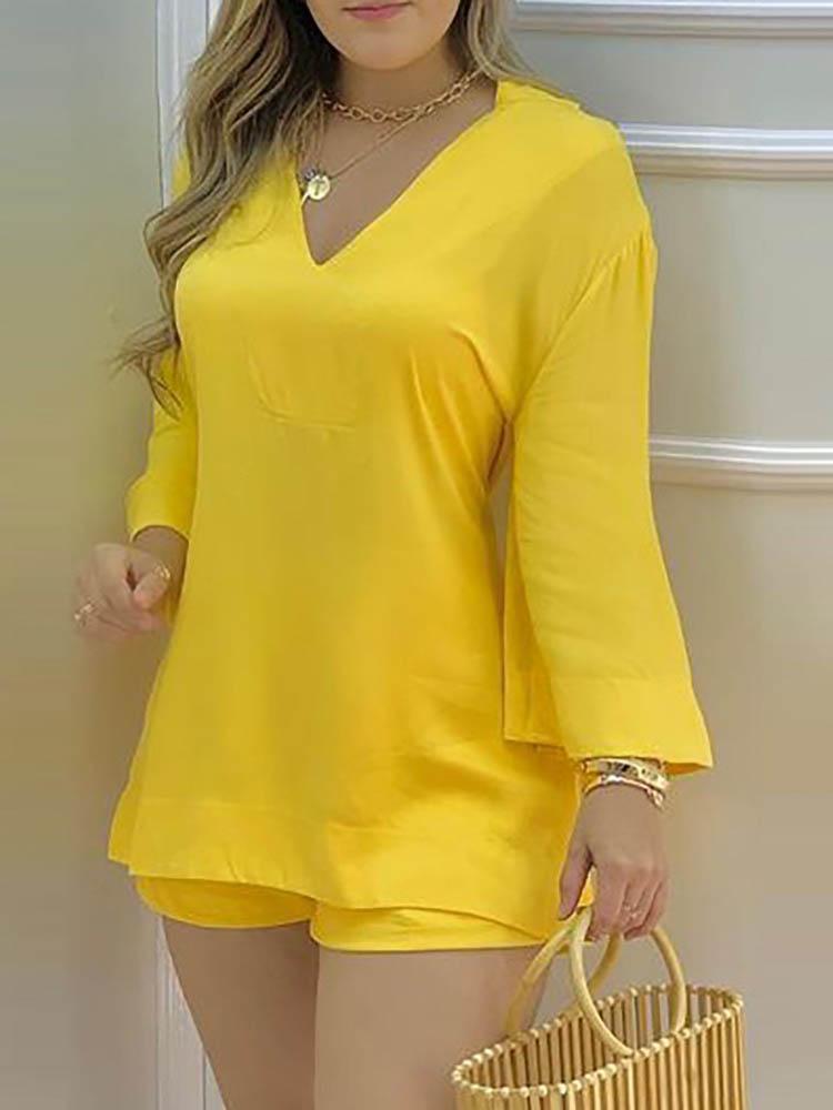 Plain Bell Sleeve V-Neck Top & Shorts Set - Two-piece Outfits - INS | Online Fashion Free Shipping Clothing, Dresses, Tops, Shoes - 04/05/2021 - Color_Yellow - SET210504058