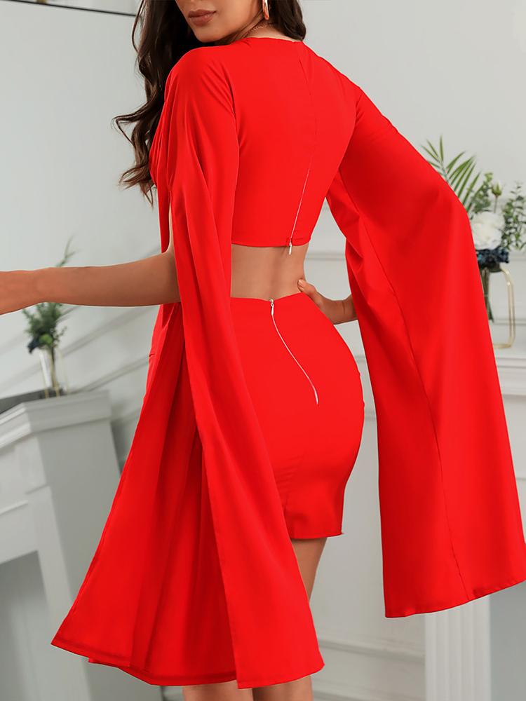 Plain Cape Sleeve Plunge Crop Top & Ruched Skirt Set - Two-piece Outfits - INS | Online Fashion Free Shipping Clothing, Dresses, Tops, Shoes - 27/04/2021 - Color_Red - Season_Spring