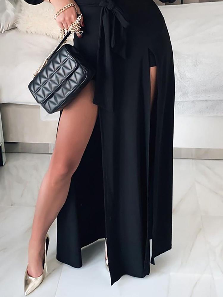 Plain Off Shoulder Long Sleeve Slit Romper With Belt - Rompers - INS | Online Fashion Free Shipping Clothing, Dresses, Tops, Shoes - 04/05/2021 - Category_Rompers - Color_Black
