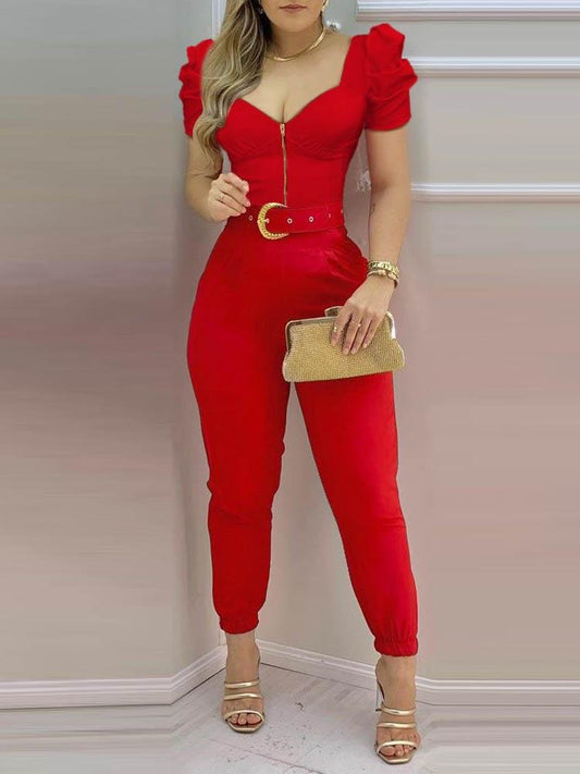 Plain Puffed Sleeve Jumpsuit With Belt - Jumpsuits & Rompers - INS | Online Fashion Free Shipping Clothing, Dresses, Tops, Shoes - 30/04/2021 - Color_Blue - Color_Red