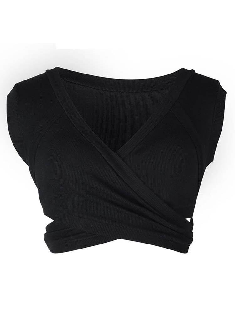 Plain Ribbed Wrap Sleeveless Crop Top - Tank Tops - INS | Online Fashion Free Shipping Clothing, Dresses, Tops, Shoes - 28/04/2021 - Color_Black - Color_White