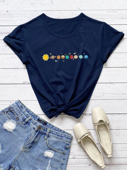 Planet Print Round Neck Tee - INS | Online Fashion Free Shipping Clothing, Dresses, Tops, Shoes