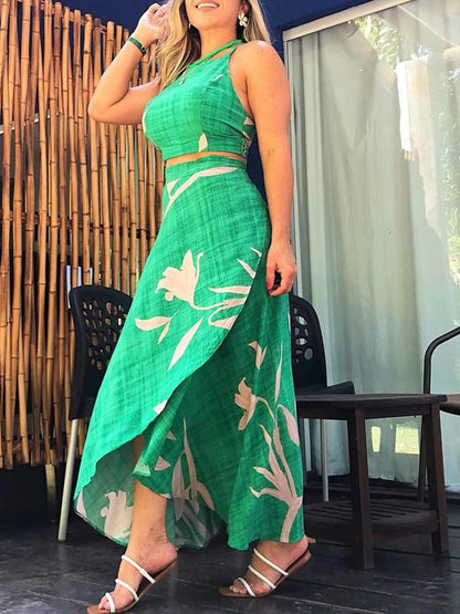 Plants Print Crisscross Back Top & Wrap Skirt Set - Two-piece Outfits - INS | Online Fashion Free Shipping Clothing, Dresses, Tops, Shoes - 29/04/2021 - Color_Green - Season_Summer