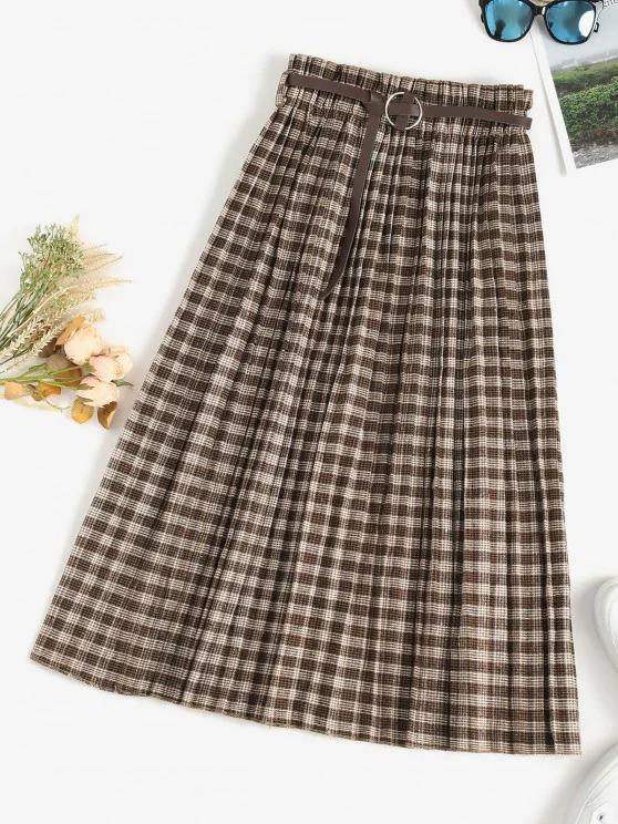 Pleated Plaid Belted Midi Skirt - INS | Online Fashion Free Shipping Clothing, Dresses, Tops, Shoes