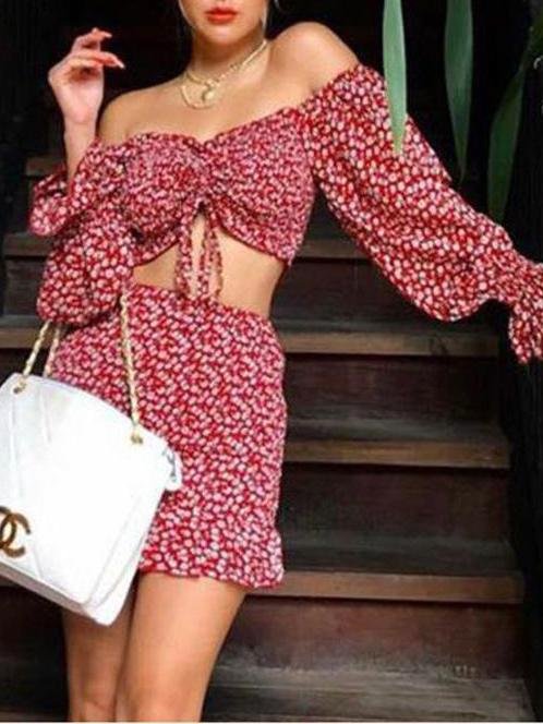 Pleated Puff Sleeve Crop Top & Skirt Set - Two-piece Outfits - INS | Online Fashion Free Shipping Clothing, Dresses, Tops, Shoes - 13/05/2021 - 13052021 - 130521