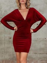 Plunge Neck Batwing Sleeve Velvet Bodycon Dress - Dresses - INS | Online Fashion Free Shipping Clothing, Dresses, Tops, Shoes - Autumn - Bodycon Dresses - Burgundy