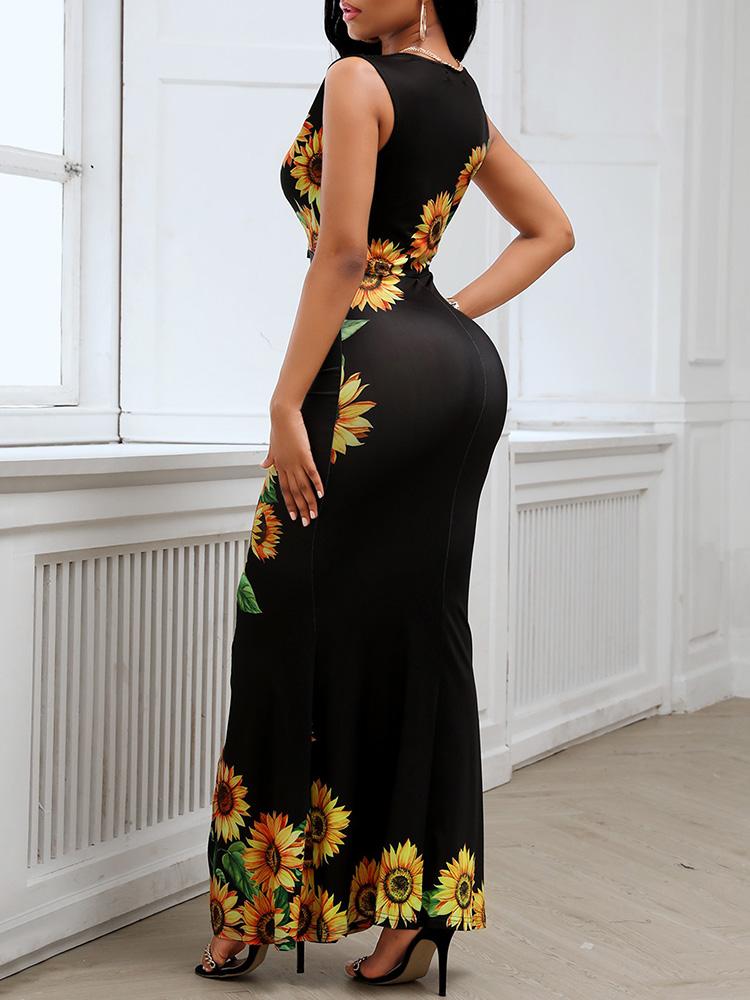 Plunge Sunflower Print Slit Maxi Dress - Maxi Dresses - INS | Online Fashion Free Shipping Clothing, Dresses, Tops, Shoes - 30/04/2021 - Category_Bodycon Dresses - Color_Black