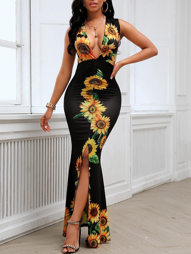 Plunge Sunflower Print Slit Maxi Dress - Maxi Dresses - INS | Online Fashion Free Shipping Clothing, Dresses, Tops, Shoes - 30/04/2021 - Category_Bodycon Dresses - Color_Black