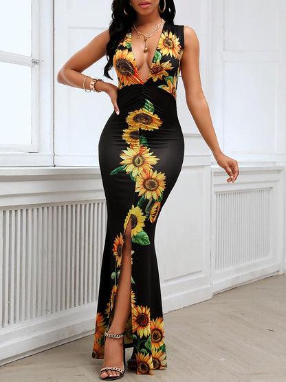 Plunge Sunflower Print Slit Maxi Dress - Maxi Dresses - INS | Online Fashion Free Shipping Clothing, Dresses, Tops, Shoes - 30/04/2021 - Category_Bodycon Dresses - Color_Black