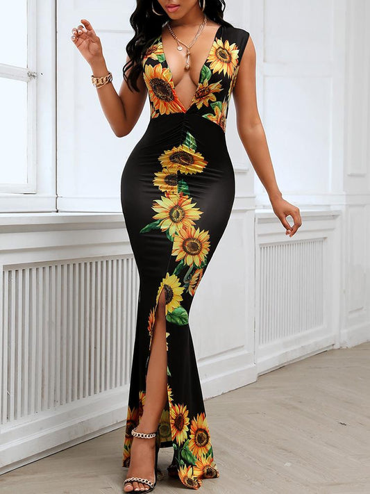 Plunge Sunflower Print Slit Maxi Dress - Maxi Dresses - INS | Online Fashion Free Shipping Clothing, Dresses, Tops, Shoes - 30/04/2021 - Category_Bodycon Dresses - Color_Black