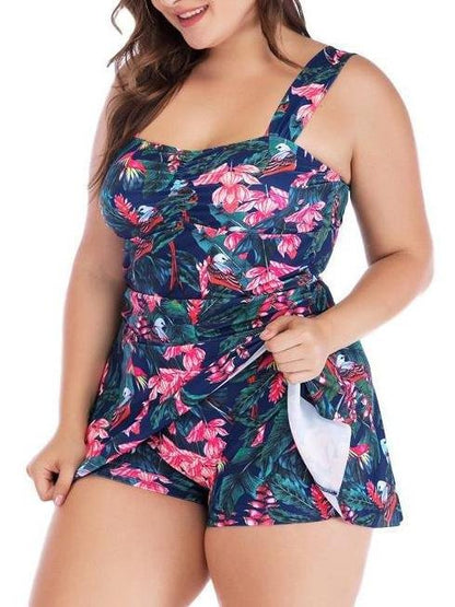 Plunging Collar Flower Print Ruffle Tankini Swimsuit Dress - Plus Swimsuits - INS | Online Fashion Free Shipping Clothing, Dresses, Tops, Shoes - 21/04/2021 - 2104V3 - Catagory_Plus Bikinis