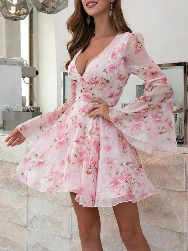 Plunging Neck Bell Sleeve Floral Dress - Dresses - INS | Online Fashion Free Shipping Clothing, Dresses, Tops, Shoes - 01/28/2021 - Blue - Color_Blue