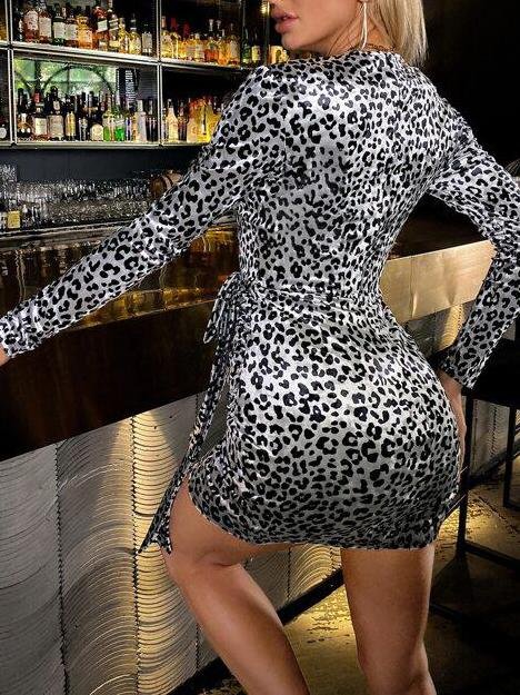 Plunging Neck Draped Detail Leopard Velvet Dress - Dresses - INS | Online Fashion Free Shipping Clothing, Dresses, Tops, Shoes - Autumn - Bodycon Dresses - Casual