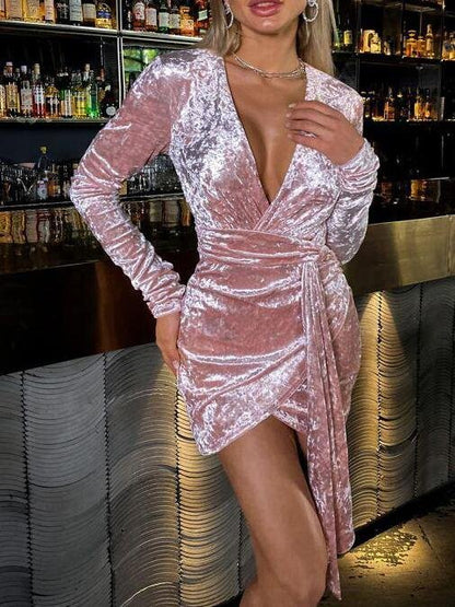 Plunging Neck Draped Detail Velvet Dress - Dresses - INS | Online Fashion Free Shipping Clothing, Dresses, Tops, Shoes - Autumn - Baby Pink - Bodycon Dresses