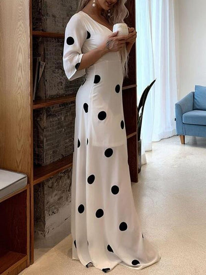 Plunging Neck Flounce Sleeve Polka Dot Maxi Dress - Dresses - INS | Online Fashion Free Shipping Clothing, Dresses, Tops, Shoes - 01/29/2021 - Autumn - chiffon-dress