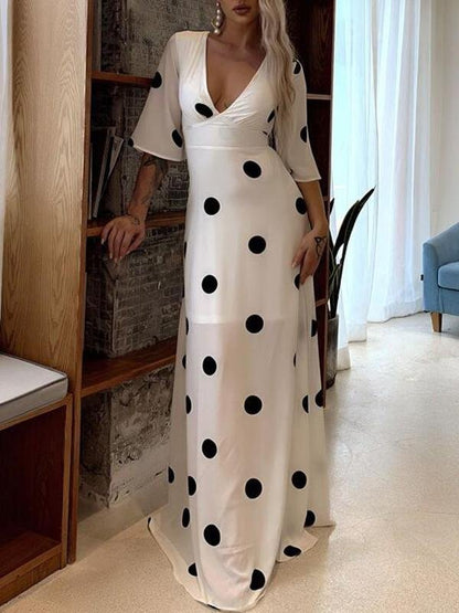 Plunging Neck Flounce Sleeve Polka Dot Maxi Dress - Dresses - INS | Online Fashion Free Shipping Clothing, Dresses, Tops, Shoes - 01/29/2021 - Autumn - chiffon-dress