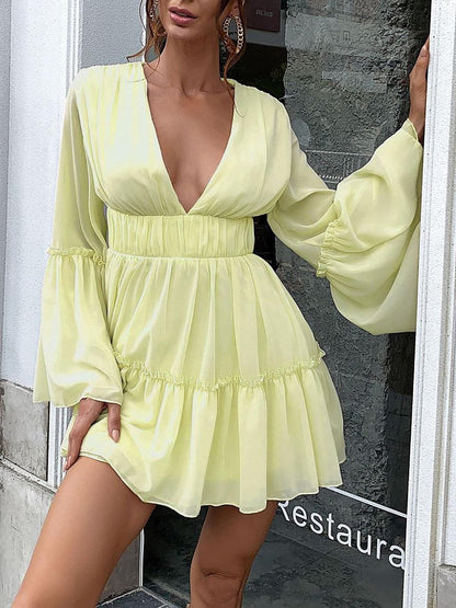 Plunging Neck Frill Ruffle Hem Chiffon Dress - Mini Dresses - INS | Online Fashion Free Shipping Clothing, Dresses, Tops, Shoes - 02/05/2021 - Apricot - Black