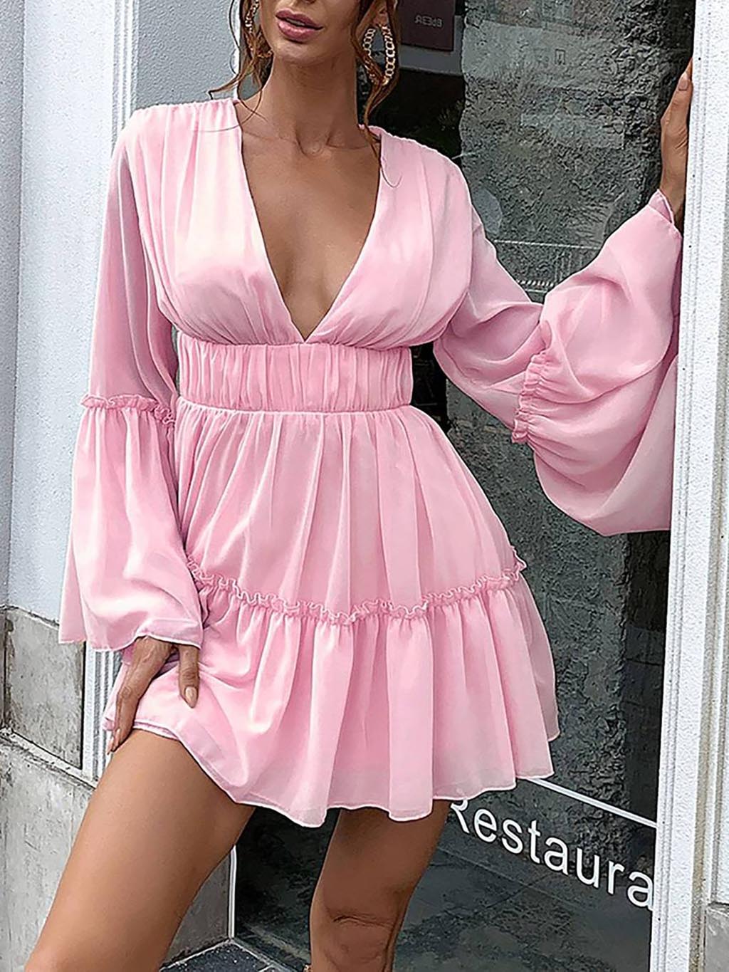 Plunging Neck Frill Ruffle Hem Chiffon Dress - Mini Dresses - INS | Online Fashion Free Shipping Clothing, Dresses, Tops, Shoes - 02/05/2021 - Apricot - Black