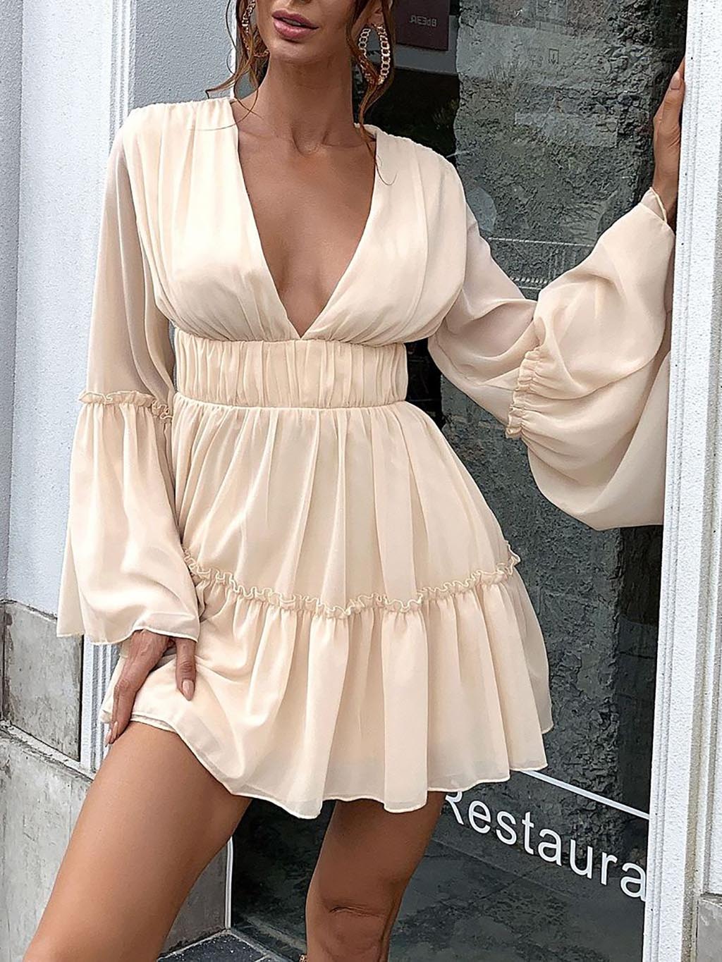 Plunging Neck Frill Ruffle Hem Chiffon Dress - Mini Dresses - INS | Online Fashion Free Shipping Clothing, Dresses, Tops, Shoes - 02/05/2021 - Apricot - Black