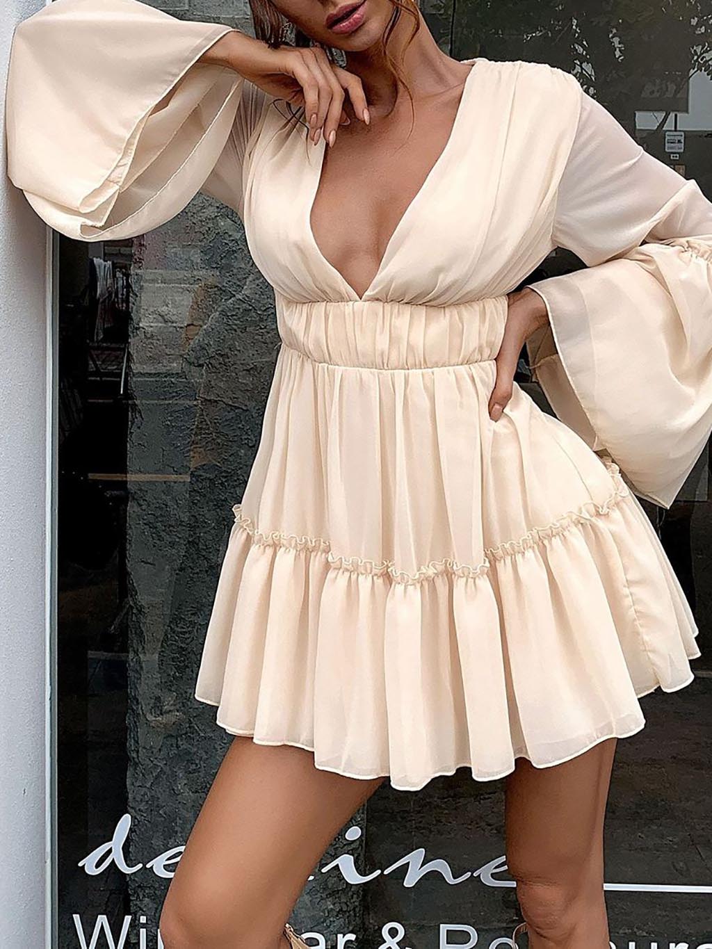 Plunging Neck Frill Ruffle Hem Chiffon Dress - Mini Dresses - INS | Online Fashion Free Shipping Clothing, Dresses, Tops, Shoes - 02/05/2021 - Apricot - Black