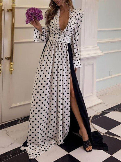 Plunging Neck Frill Trim Split Thigh Polka Dot Dress - Dresses - INS | Online Fashion Free Shipping Clothing, Dresses, Tops, Shoes - Black - chiffon-dress - Color_Black