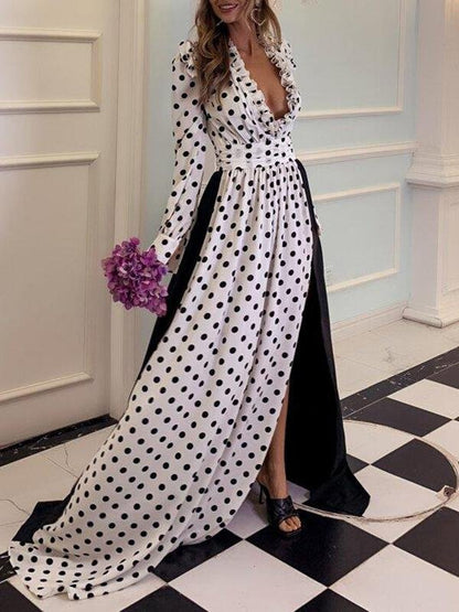 Plunging Neck Frill Trim Split Thigh Polka Dot Dress - Dresses - INS | Online Fashion Free Shipping Clothing, Dresses, Tops, Shoes - Black - chiffon-dress - Color_Black