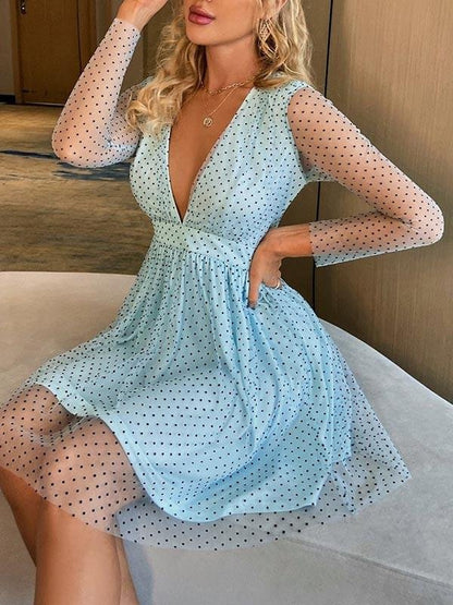 Plunging Neck Polka-dot Mesh Dress - Dresses - INS | Online Fashion Free Shipping Clothing, Dresses, Tops, Shoes - 02/03/2021 - Blue - Color_Blue