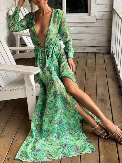 Plunging Neck Wrap Hem Belted Dress - Dresses - INS | Online Fashion Free Shipping Clothing, Dresses, Tops, Shoes - 01/28/2021 - Autumn - Beach