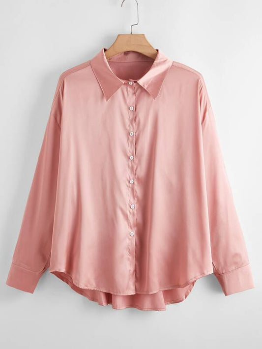Plus Button Up High Low Satin Blouse - INS | Online Fashion Free Shipping Clothing, Dresses, Tops, Shoes