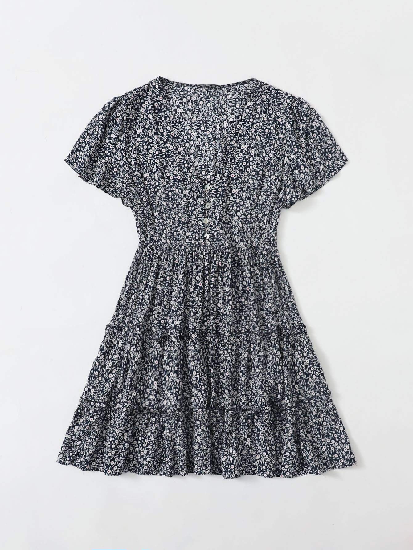 Plus Buttoned Front Frill Trim Ditsy Floral Dress - Curve+Plus - INS | Online Fashion Free Shipping Clothing, Dresses, Tops, Shoes - 2XL - 3XL - 4XL