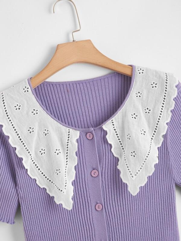 Plus Contrast Eyelet Embroidered Collar Lettuce Trim Cardigan - INS | Online Fashion Free Shipping Clothing, Dresses, Tops, Shoes