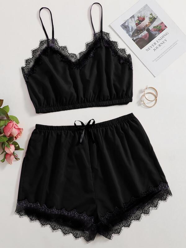 Plus Contrast Lace Bow Front PJ Set - INS | Online Fashion Free Shipping Clothing, Dresses, Tops, Shoes
