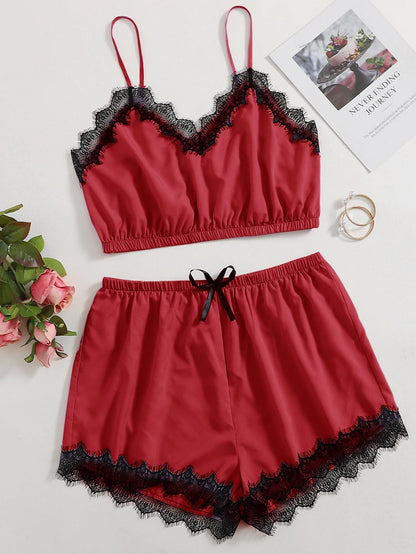 Plus Contrast Lace Bow Front PJ Set - INS | Online Fashion Free Shipping Clothing, Dresses, Tops, Shoes
