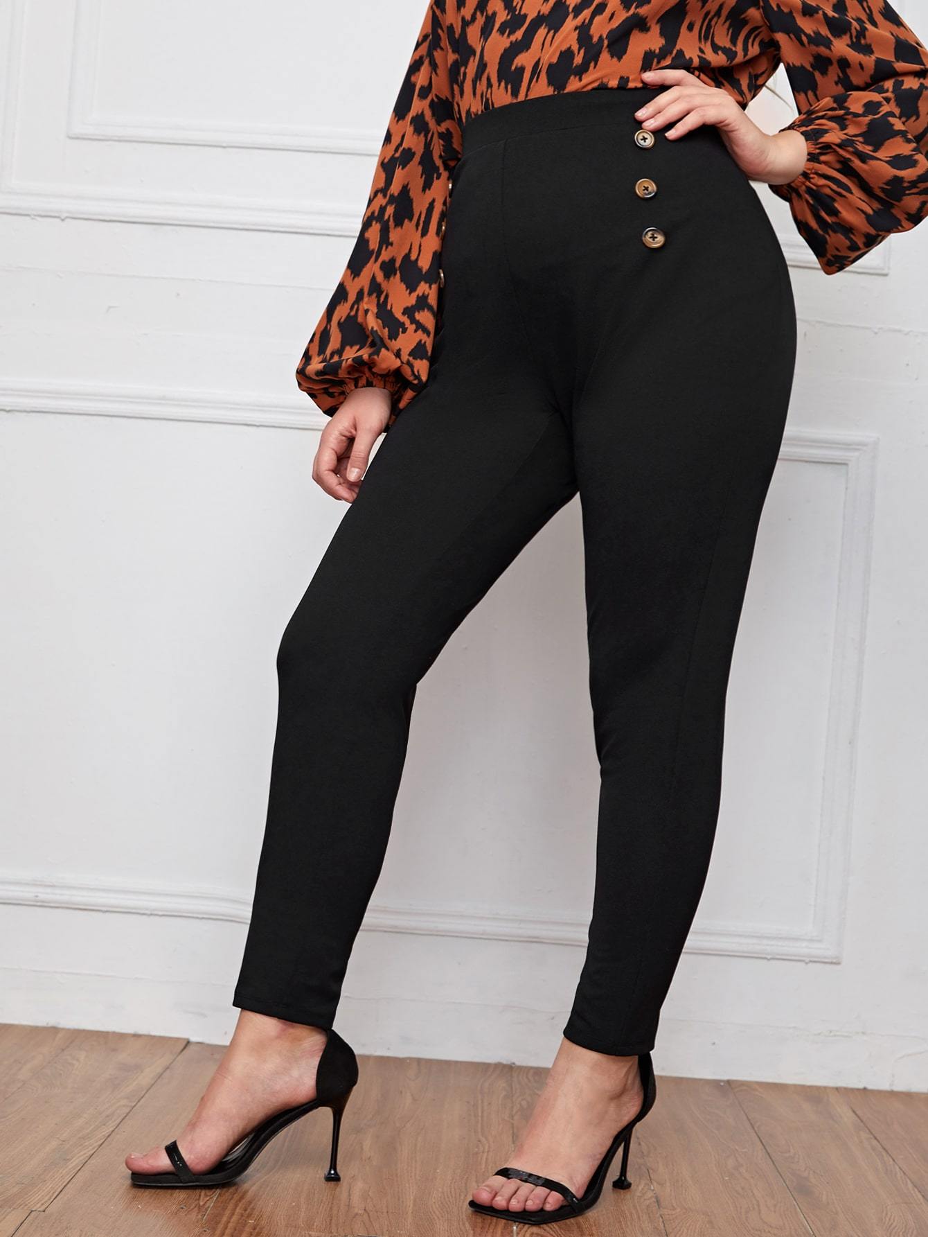 Plus Double Button Detail Skinny Pants - INS | Online Fashion Free Shipping Clothing, Dresses, Tops, Shoes