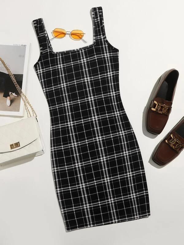 Plus Double Square Neck Plaid Bodycon Dress - INS | Online Fashion Free Shipping Clothing, Dresses, Tops, Shoes