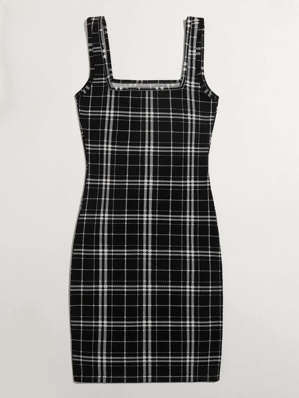 Plus Double Square Neck Plaid Bodycon Dress - INS | Online Fashion Free Shipping Clothing, Dresses, Tops, Shoes