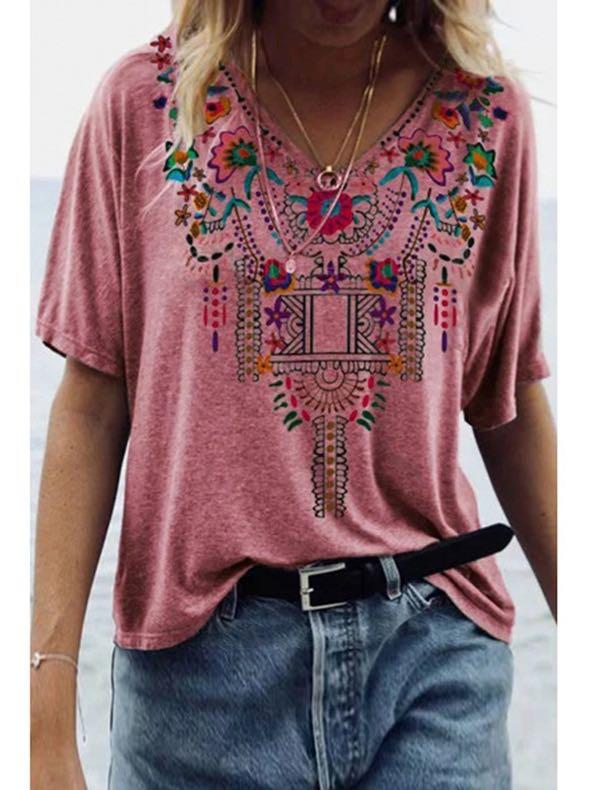 Plus Embroidery Printed V-Neck Short Sleeves Tee - T-Shirts - INS | Online Fashion Free Shipping Clothing, Dresses, Tops, Shoes - 2XL - 3XL - 4XL